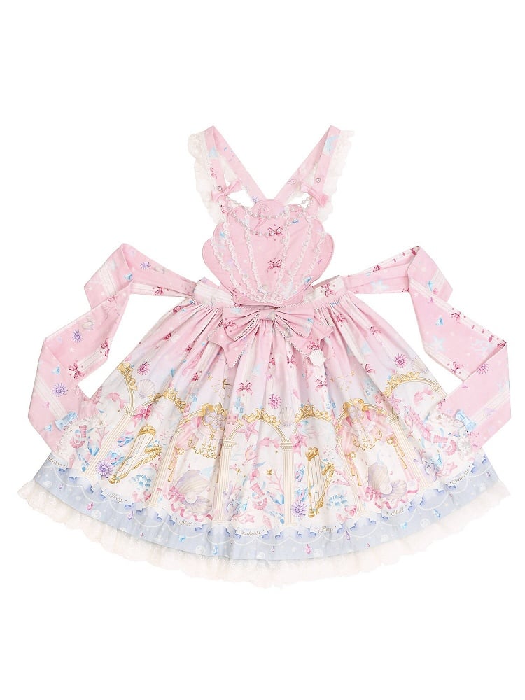 Seashell and Starfish Print Pink Sweet Lolita Skirt with Removable Straps