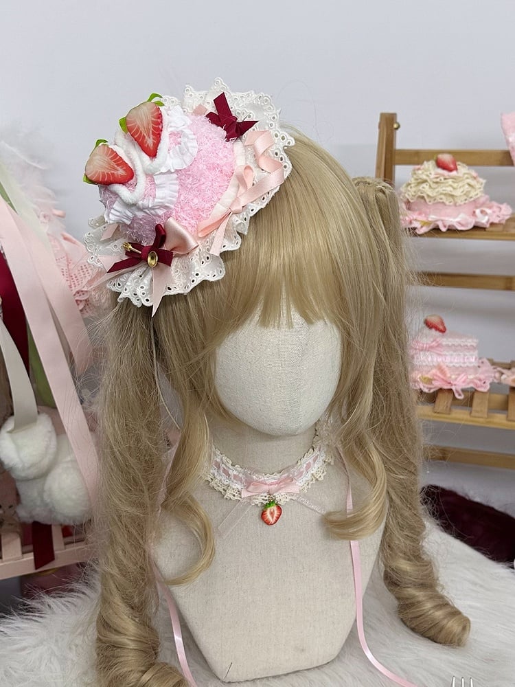with Embellishments and Bow Mini Hat Pink Red Sweet Lolita Strawberry Cake-shaped