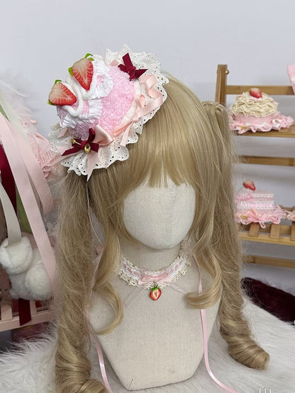 with Embellishments and Bow Mini Hat Pink Red Sweet Lolita Strawberry Cake-shaped