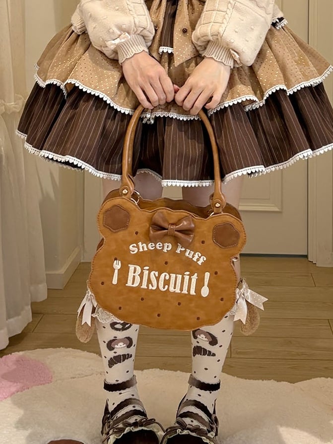 PU Light Brown Lolita Bear Cookie Bag with Fork & Spoon Embroidery