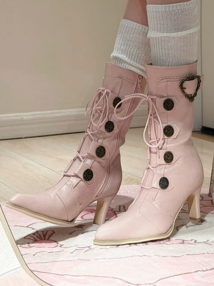 Pink Mid-Calf Pointed Details Lace-Up Design Toe Sakura Boots Leather Lolita Heels with Buckle PU -