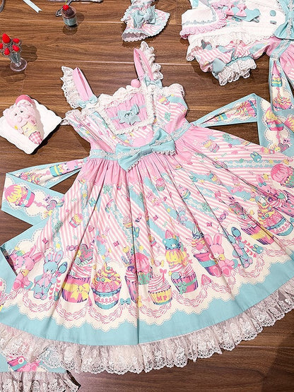 Blue Prints with and Sleeves JSK Trim Dress Flutter Pink Lolita Lace Sweet Cupcake