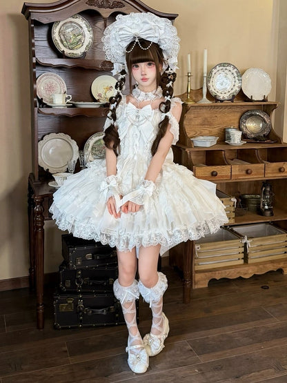 White Ballet Style Lace Ruffle Lolita JSK Dress with Bead Chain Bow Details - White Sugar Girl