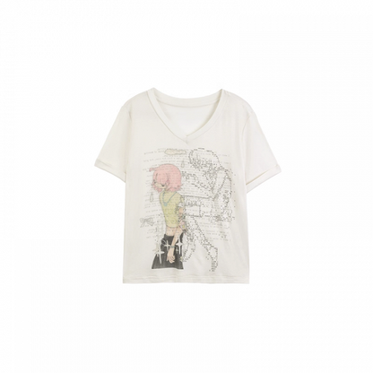 Grün/pinkes T-Shirt mit V-Ausschnitt und Anime-Mädchen-Print