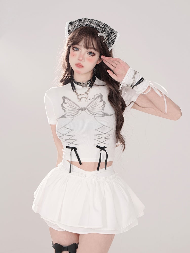 Built-in Tiered Skirt Bow White Bloomers with Waist