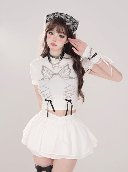 Built-in Tiered Skirt Bow White Bloomers with Waist