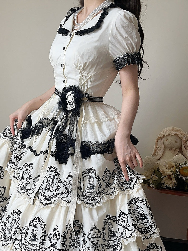 Lolita with Black Sleeves White Trims Elegant Lace Puff Blouse