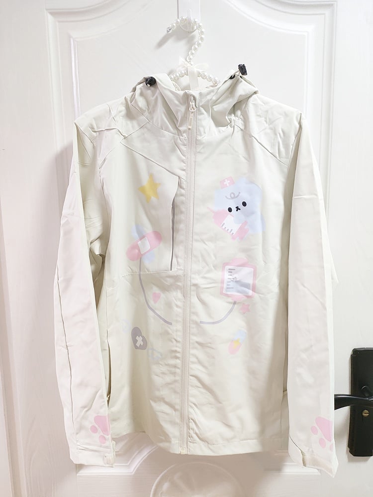 Kawaii Yami Windbreaker Beige Print Jacket Doctor Cat Hood Drawstring with