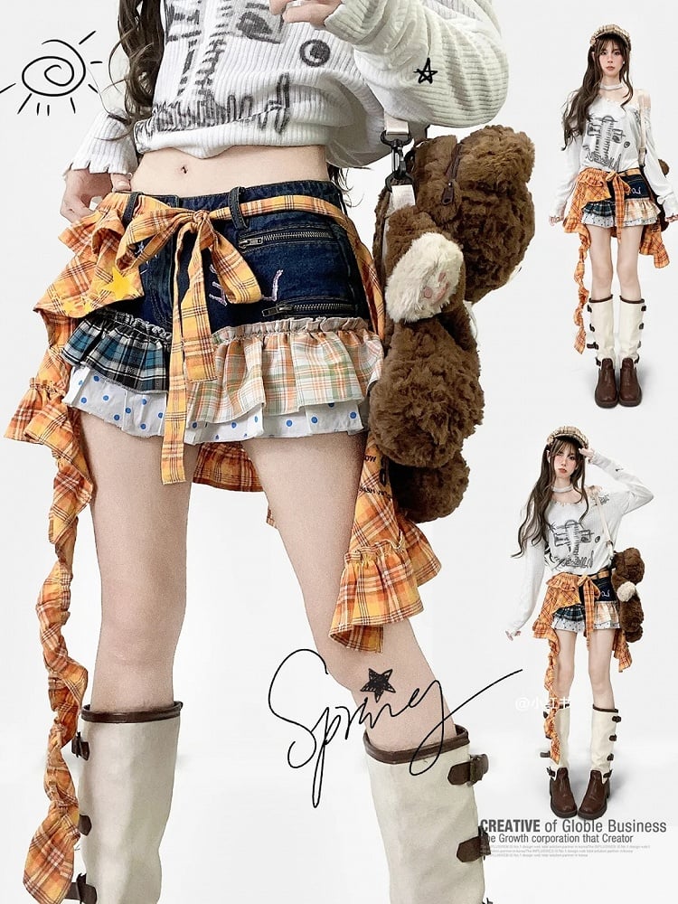 Plaid Y2K And + Pattern Orange Polka-dot Shorts Blue