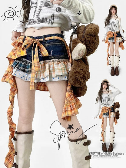 Plaid Y2K And + Pattern Orange Polka-dot Shorts Blue