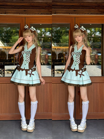 Mint & Cocoa Two-Piece Bow Sleeveless Top Ensemble with Ruffled Lace Skirt - Sweet Dream