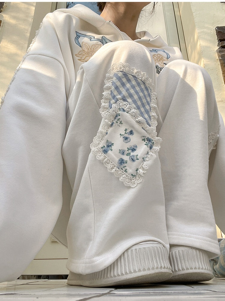 Blue/White Elastic Waist Floral Applique Wide-Leg Pants Regular/Short Version