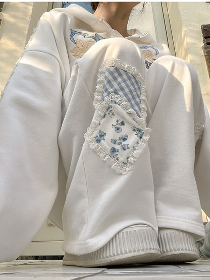 Blue/White Elastic Waist Floral Applique Wide-Leg Pants Regular/Short Version