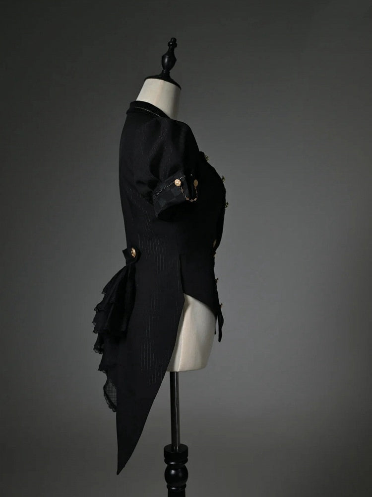 Black Blazer Collar Short Puff Sleeve Split-Tail Top