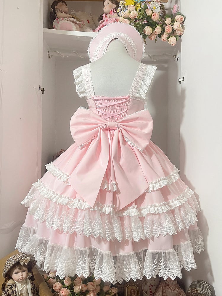 Rosa und weißes Old School Lolita Fashion Kleid Bowknot Detais Lolita JSK Set