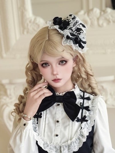 Lace-Trimmed Bead Lolita Details with BlackWhite Hat