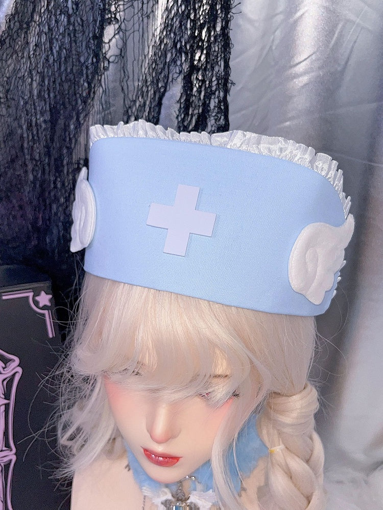 Blue and Pink Cross Wing Lace Trim Yami Kawaii Hat