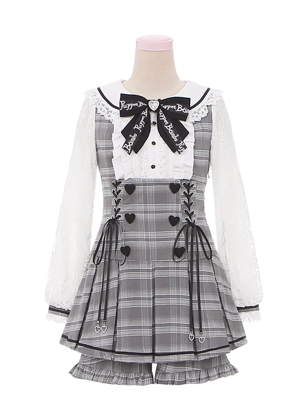 Jirai Kei Gray Set Peter Pan Collar High-Waisted Box Pleat Skirt Plaid Dress + Ruffle Trim Cuffs