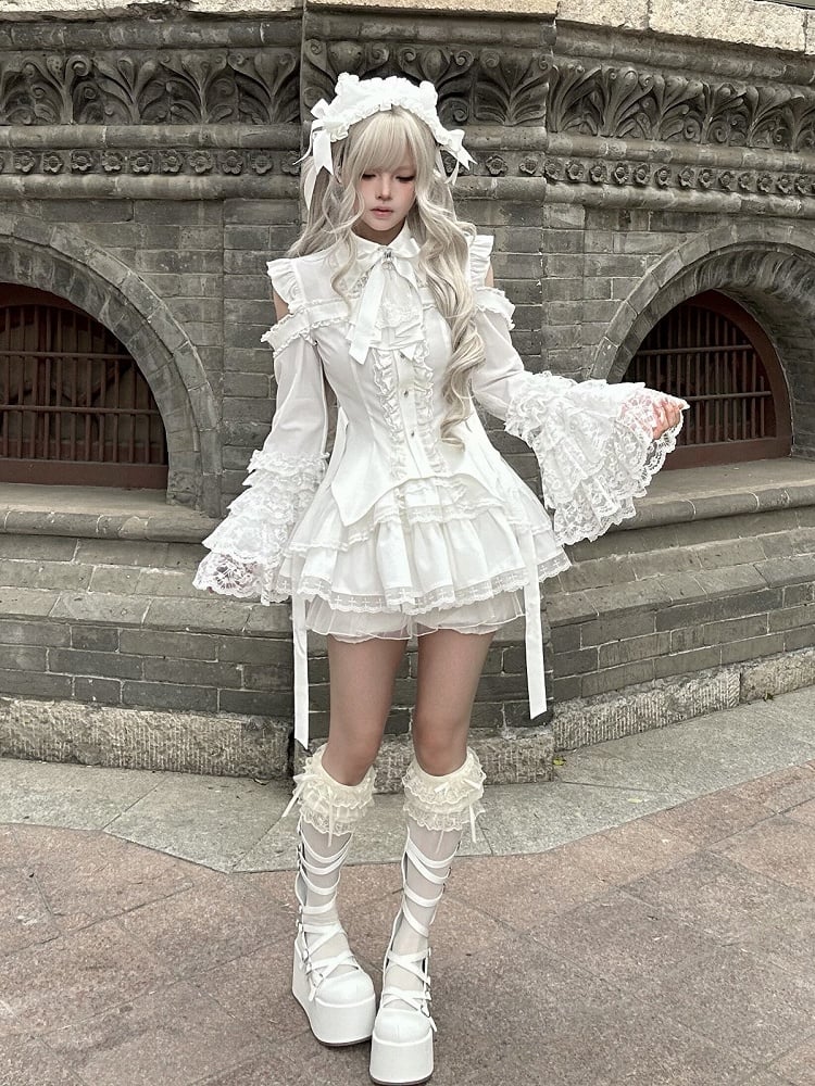 White Gothic Landmine Skirt with Multi-Layer Lace Trim Detailing - Ekomi