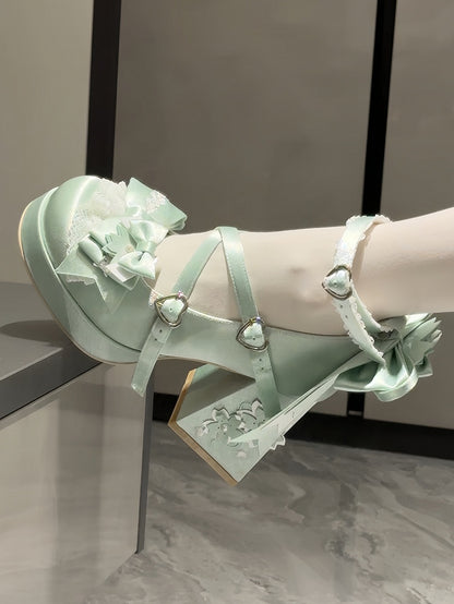 Jane Block Motif in Fastener Heart with Blossom Heel Green Bow Satin High Sweet Accents Shoes Cherry Mary Loltia