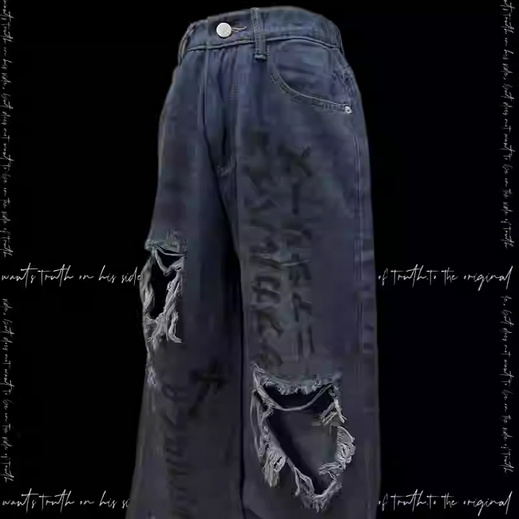 Raw Hem Punk Jeans Blau Distressed Holes