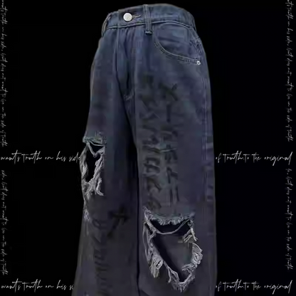 Raw Hem Punk Jeans Blau Distressed Holes