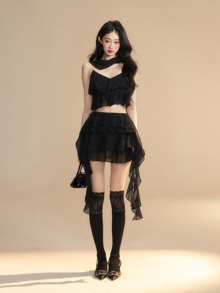 Tiered Skirt Asymmetrical Ruffled Hem Slim-fitting Mini Black Chiffon