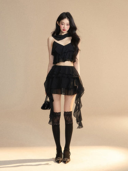 Tiered Skirt Asymmetrical Ruffled Hem Slim-fitting Mini Black Chiffon