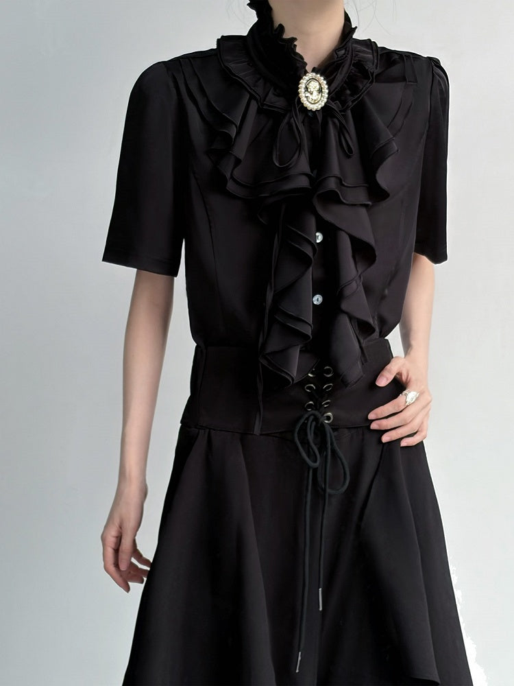 Ouji Black Short Sleeve Blouse Layered Ruffle - ROAE