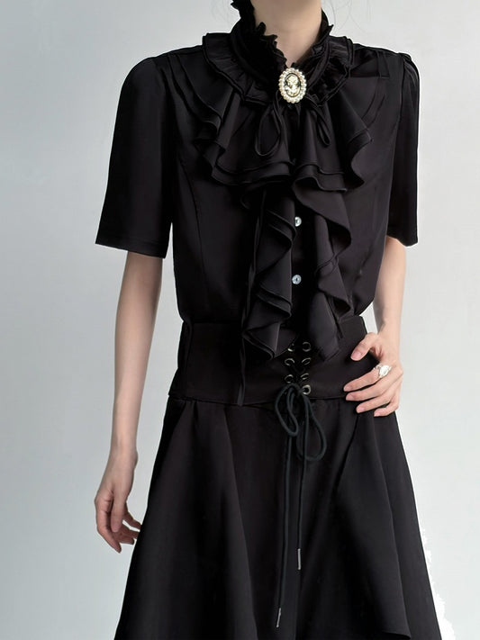 Ouji Black Short Sleeve Blouse Layered Ruffle - ROAE