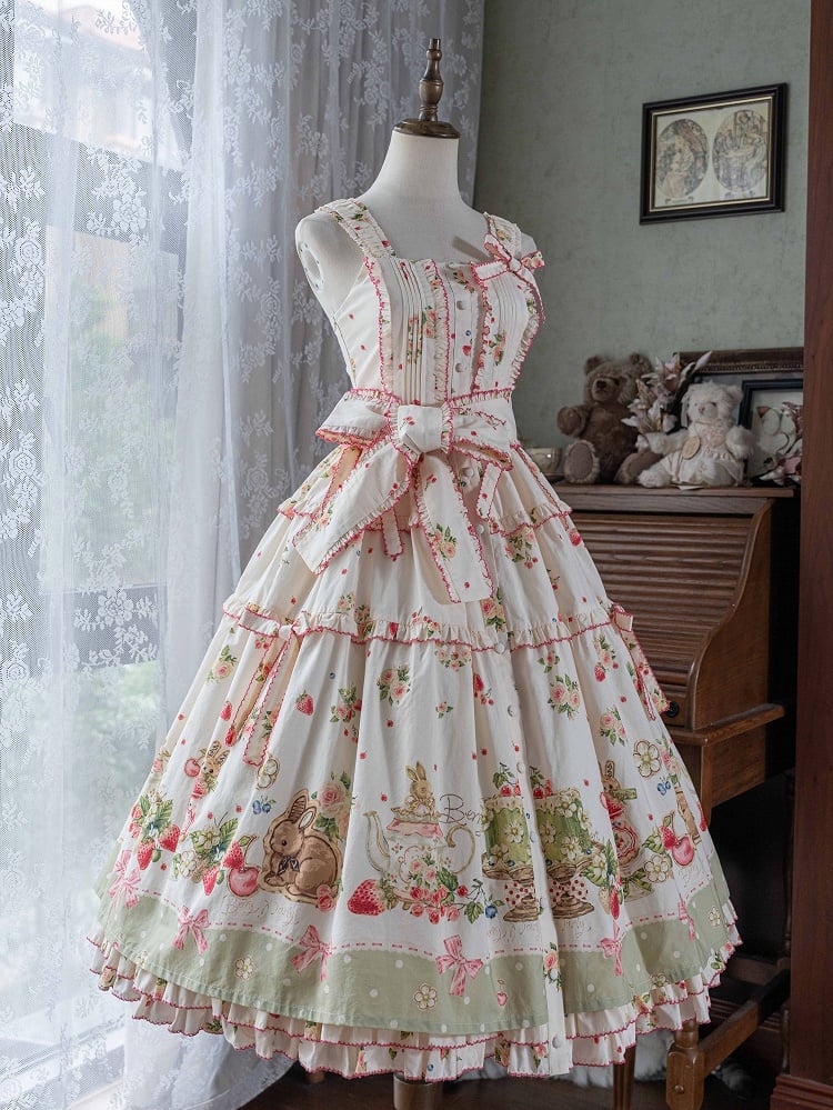 Bunny Lolita Grünes Kleid Print Saum Fashion House Pink Floral und