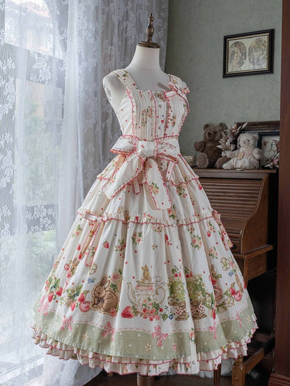 Bunny Lolita Grünes Kleid Print Saum Fashion House Pink Floral und