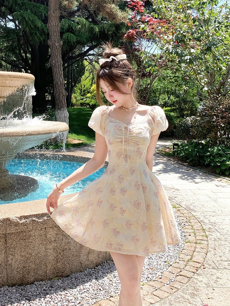 Yellow & Pink Floral Print Summer Holiday Dress - Qchiwawameme