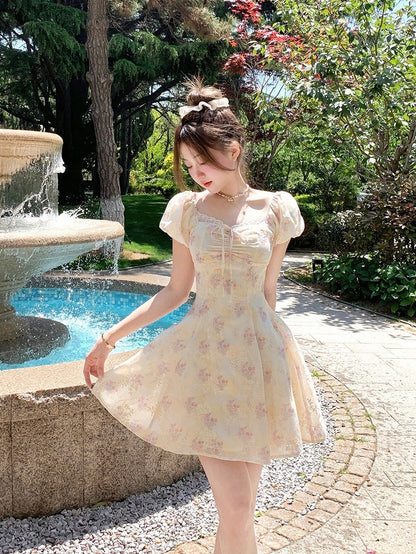 Yellow & Pink Floral Print Summer Holiday Dress - Qchiwawameme