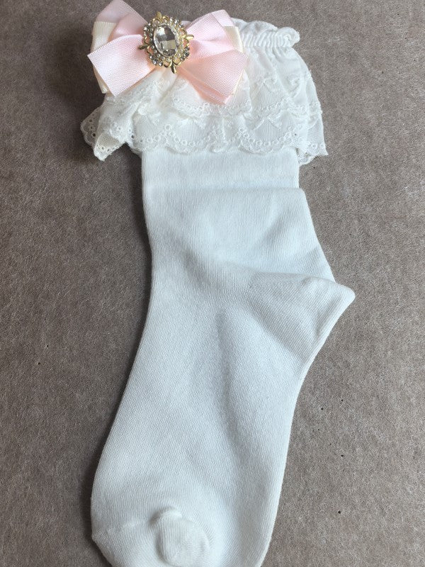 Weiße Kalbsledersocken mit Rüschen, Jirai-Manschette, Kei-Schleife, Rosa/Blau/Lila/Weiß/Schwarz/Beige und Details