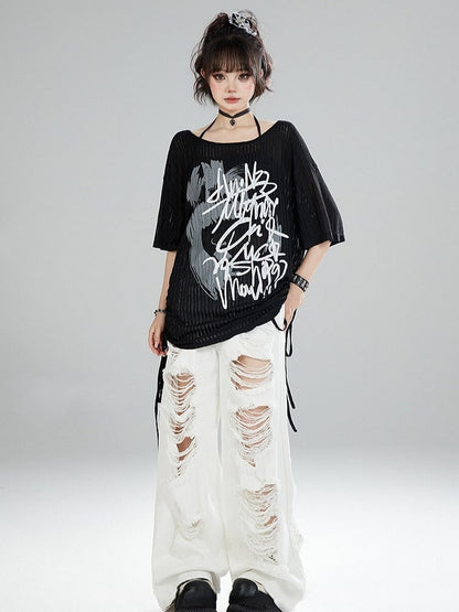 Loose Black Graffiti Pullover Print Fit Knit with Off-the-shoulder