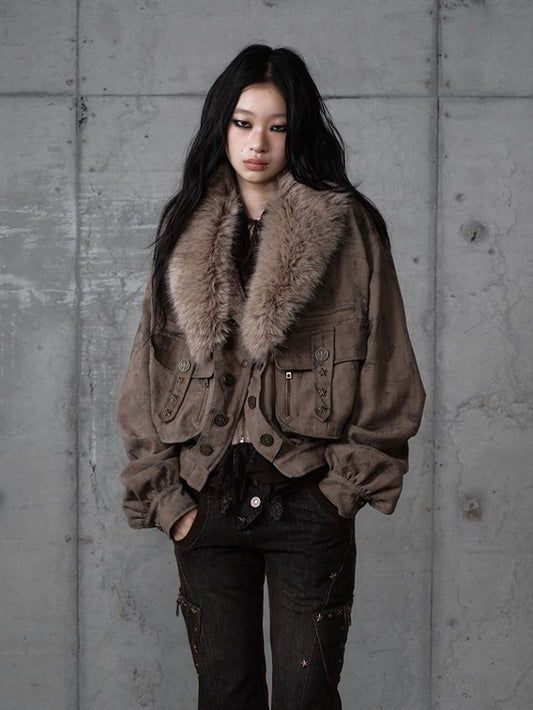 Coffee Pockets Detachable Studded Punk 3D Suede Collar Jacket Fur with Zipped Faux