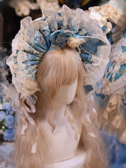 White Print Rose Floral Blue Detail Lolita Bonnet Ruffled with