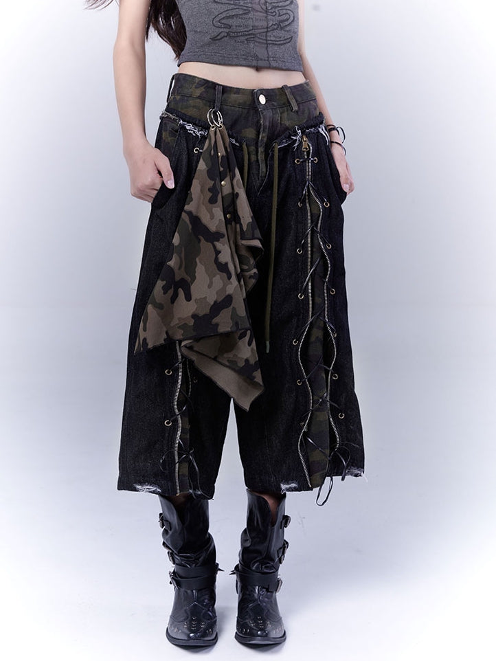 Distressed Rock Straight-Leg Jeans Punk Camouflage Schnürung vorne