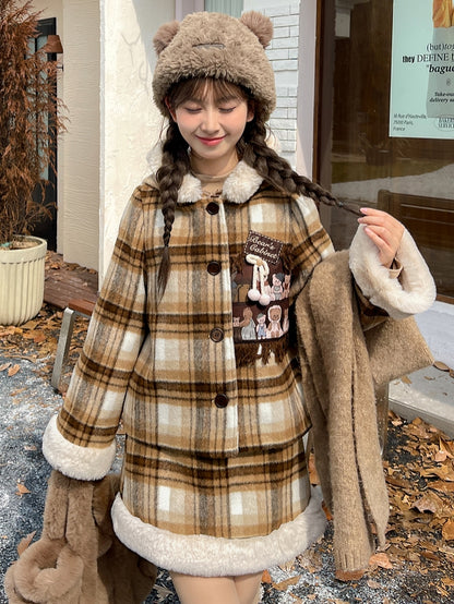 Brown High Waist Plaid Skirt Plush Trim