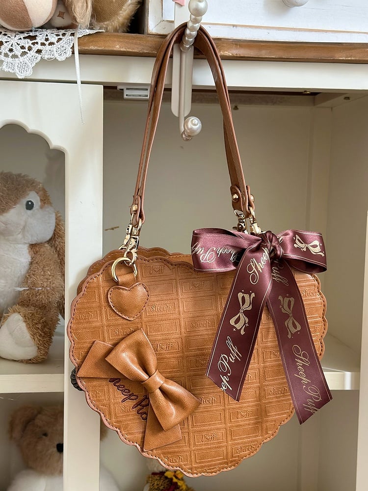 Design Texture Brown Chocolate Light Bow Decorative PU Bag Lolita Sweet Heart Hand/Shoulder/Crossbody with