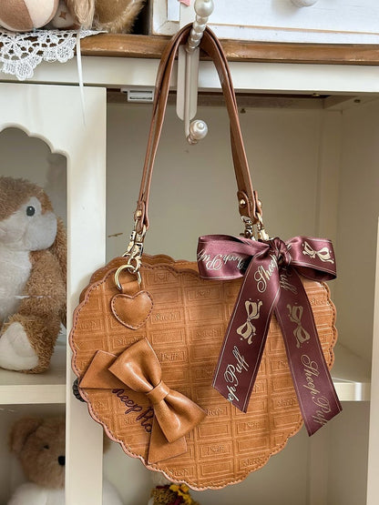 Design Texture Brown Chocolate Light Bow Decorative PU Bag Lolita Sweet Heart Hand/Shoulder/Crossbody with