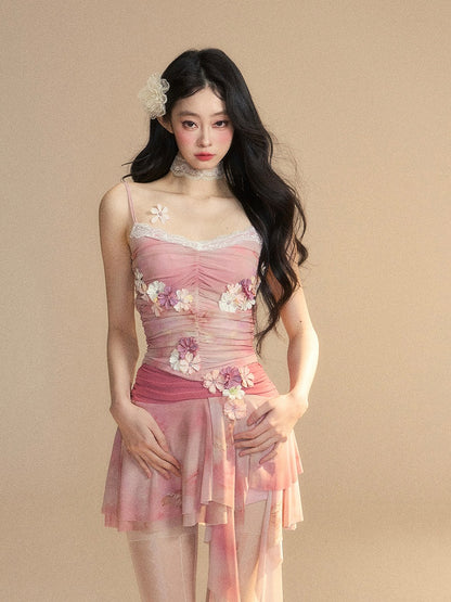 Top/Cherry Blossom Print Asymmetrical Hem Shorts Pink Cherry Blossom Embellished Cami