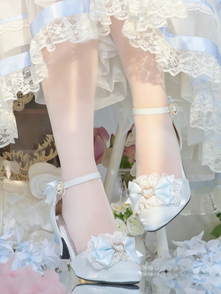 Light Blue Ballet Pointed Toe Shoes with Lace Bow - Witch's Night