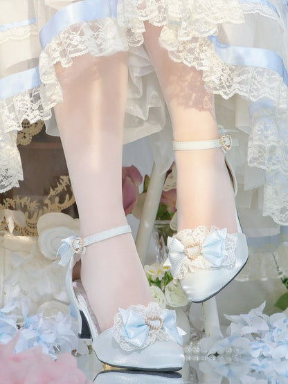 Light Blue Ballet Pointed Toe Shoes with Lace Bow - Witch's Night