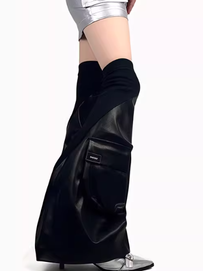 Punk Leg Warmers Black PU Cargo Pocket - White Socks