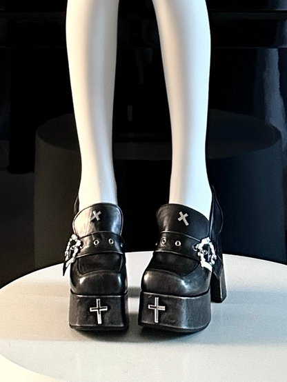 Matte Block Schnalle Hohe 11/13cm Schwarz Sarg Gothic mit Heels Plattform