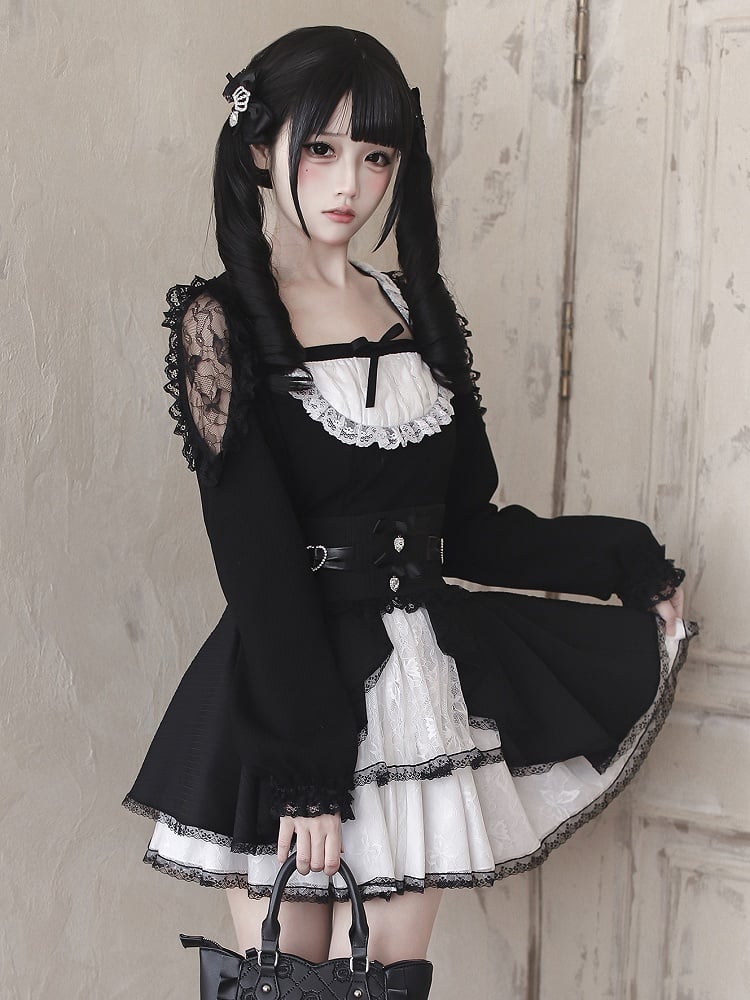 / Kei Lace White Waist Maid Cutouts Aesthetic Core Jirai Skirt High Shoulder Top - Black Tiered