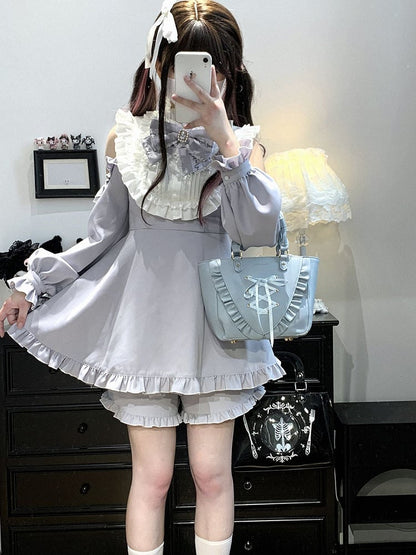 Cutout Jirai Blau/WeißSchwarz/Alle Farben Kei Mit Bluse Schwarz Shorts Schulter Solide