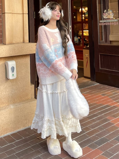 Beigefarbener Midirock mit hoher Taille und Spitzenakzenten und Volantsaum